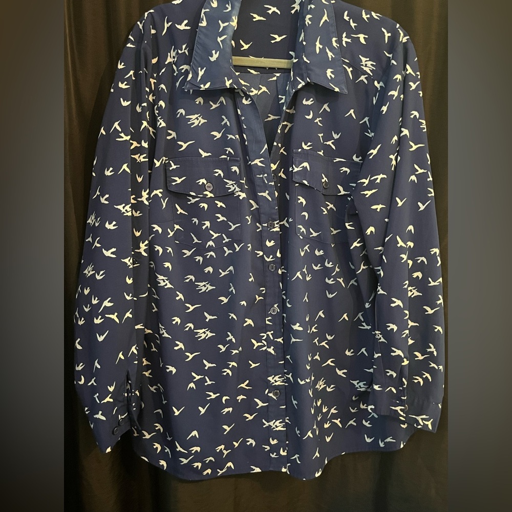 Notations Blue and White Bird Print Shirt